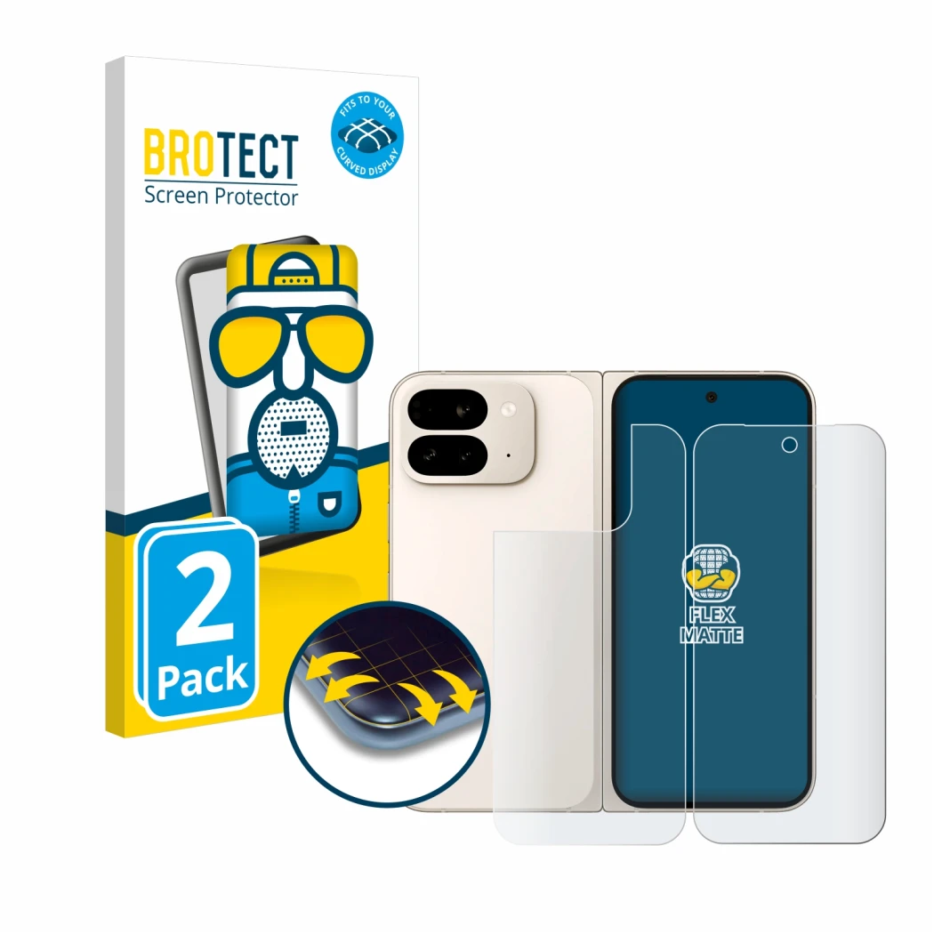 Face avant d’un emballage produit avec le logo de la marque BROTECT. À côté, l’appareil Google Pixel 9 Pro Fold (Avant+Arrière