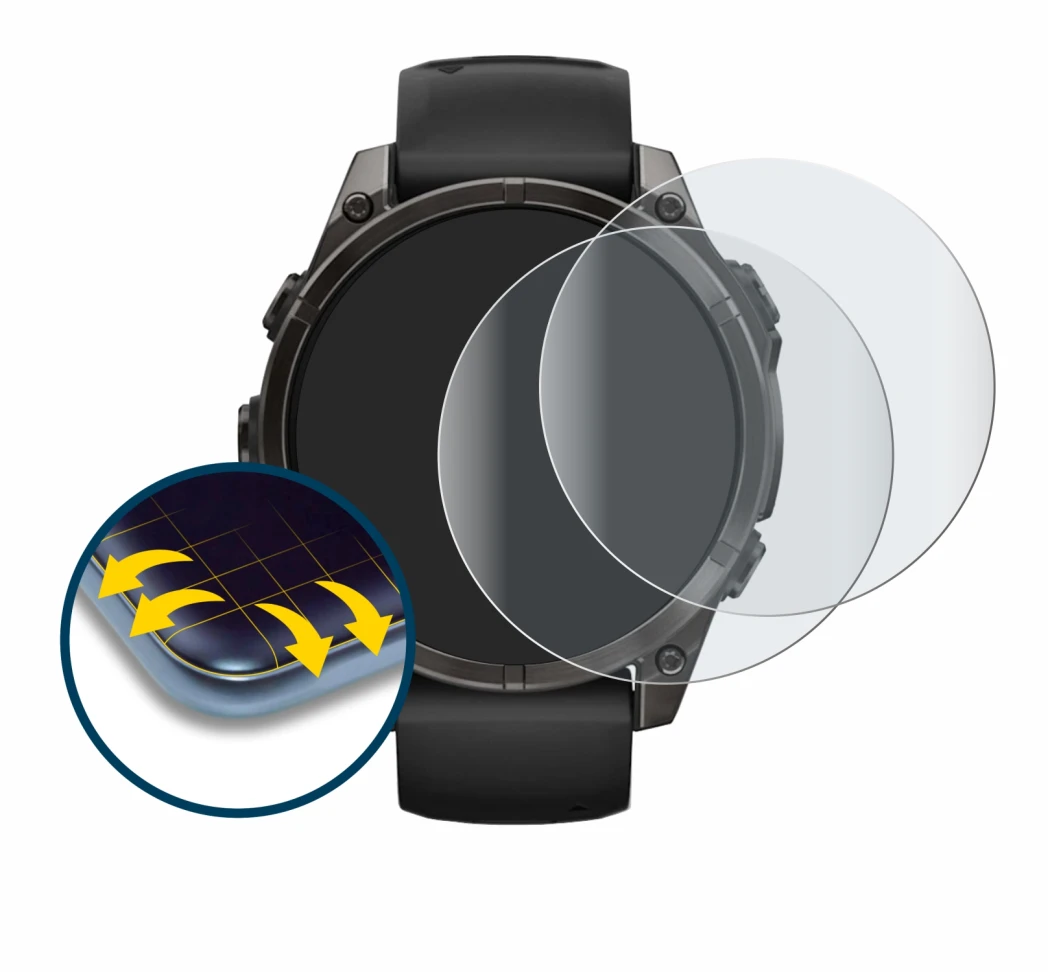 Image de l'appareil Garmin Fenix 8 AMOLED (47 mm) avec une grande variété de protections d'écran.