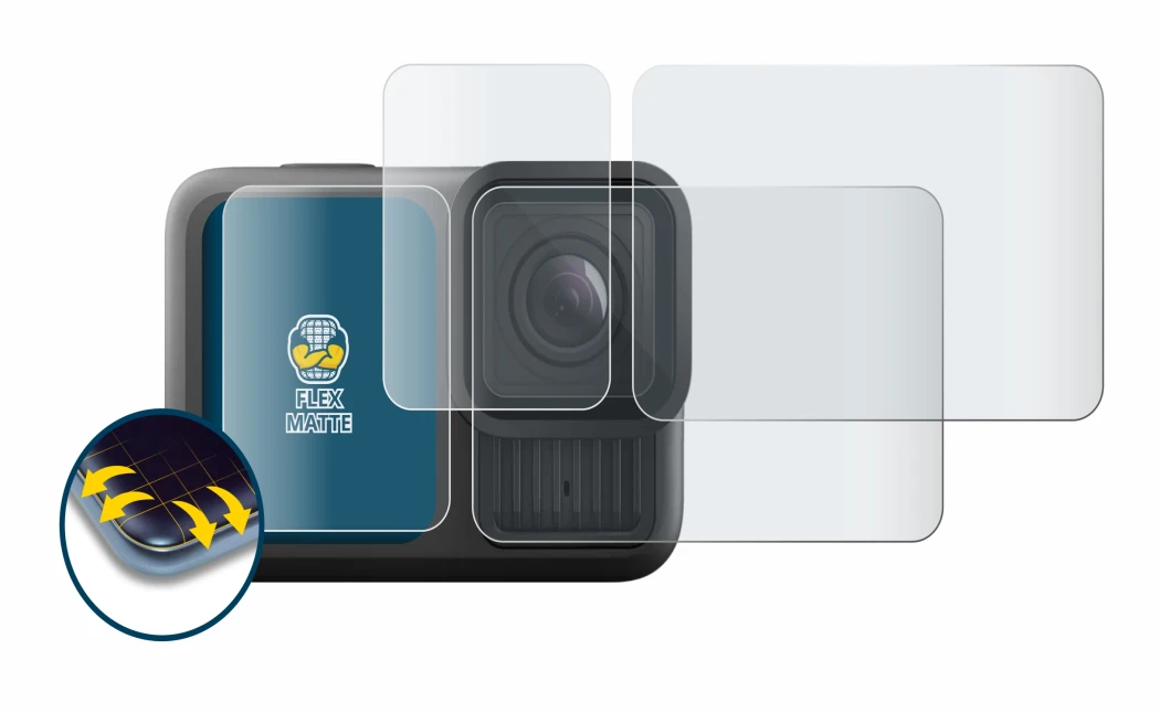 Image de l'appareil GoPro Hero 13 Black avec une grande variété de protections d'écran.