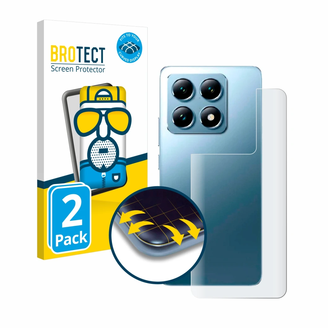 Face avant d’un emballage produit avec le logo de la marque BROTECT. À côté, l’appareil Xiaomi 14T Pro (Arrière) est représent