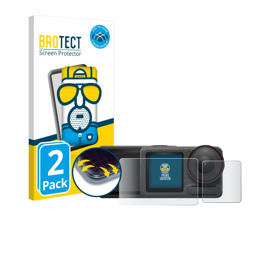Face avant d’un emballage produit avec le logo de la marque BROTECT. À côté, l’appareil DJI Osmo Action 5 Pro est représenté a