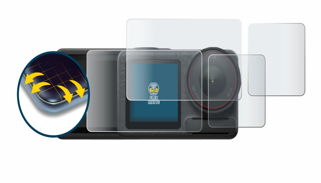 Image de l'appareil DJI Osmo Action 5 Pro avec une grande variété de protections d'écran.