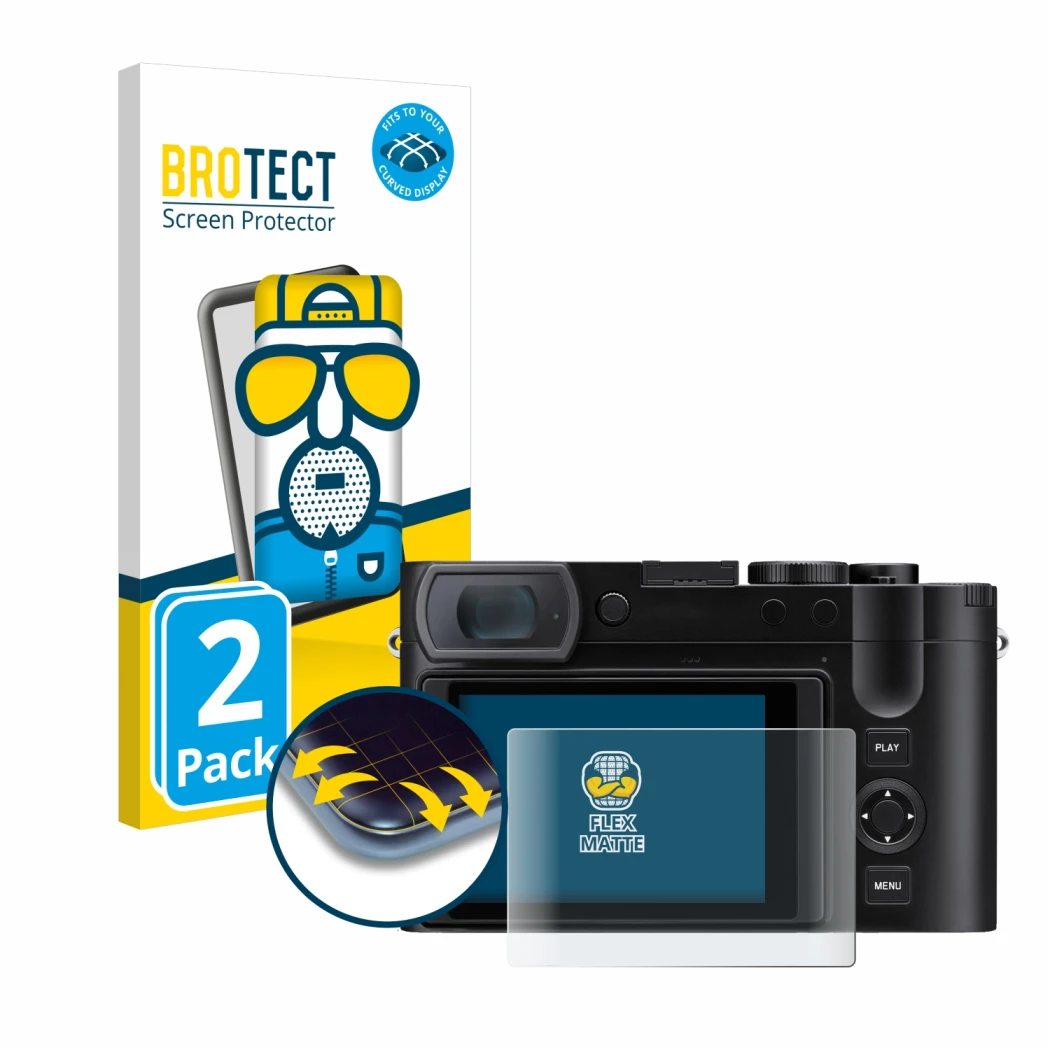 Face avant d’un emballage produit avec le logo de la marque BROTECT. À côté, l’appareil Leica Q3 43 est représenté avec la pro