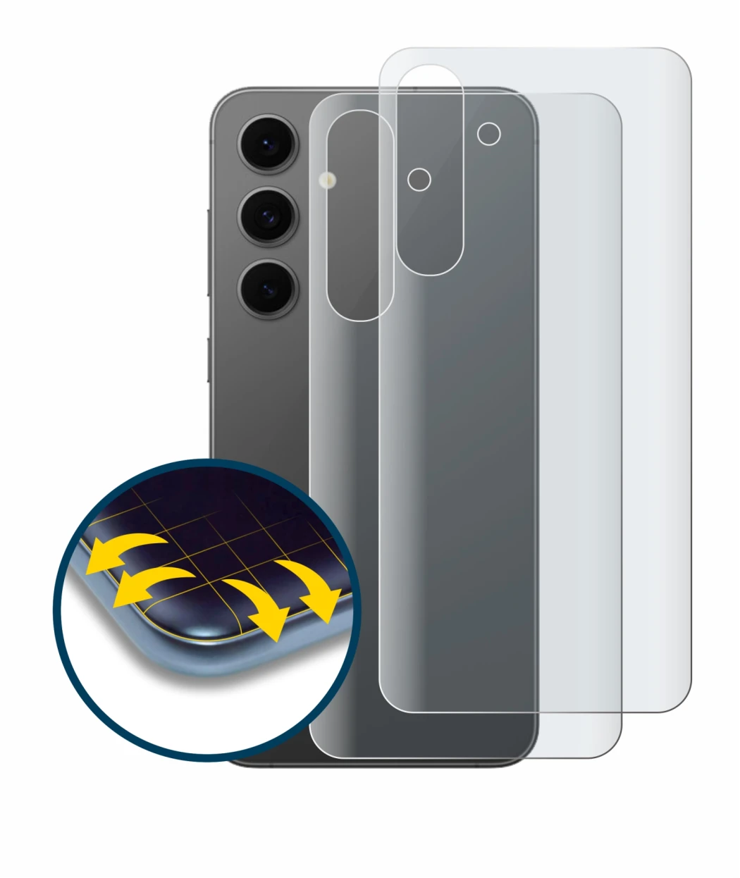 Image de l'appareil Samsung Galaxy S24 FE (Arrière) avec une grande variété de protections d'écran.