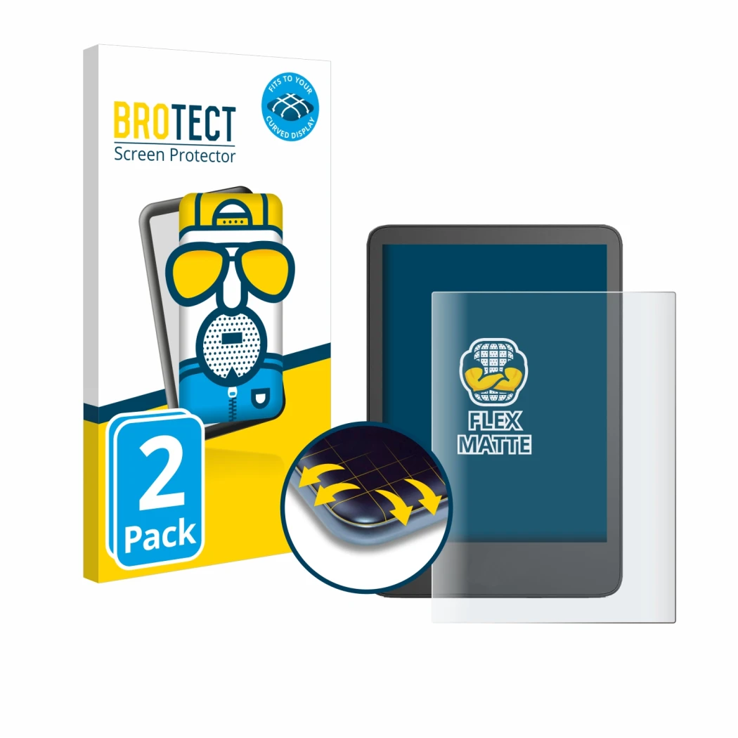 Face avant d’un emballage produit avec le logo de la marque BROTECT. À côté, l’appareil Amazon Kindle 2024 est représenté avec