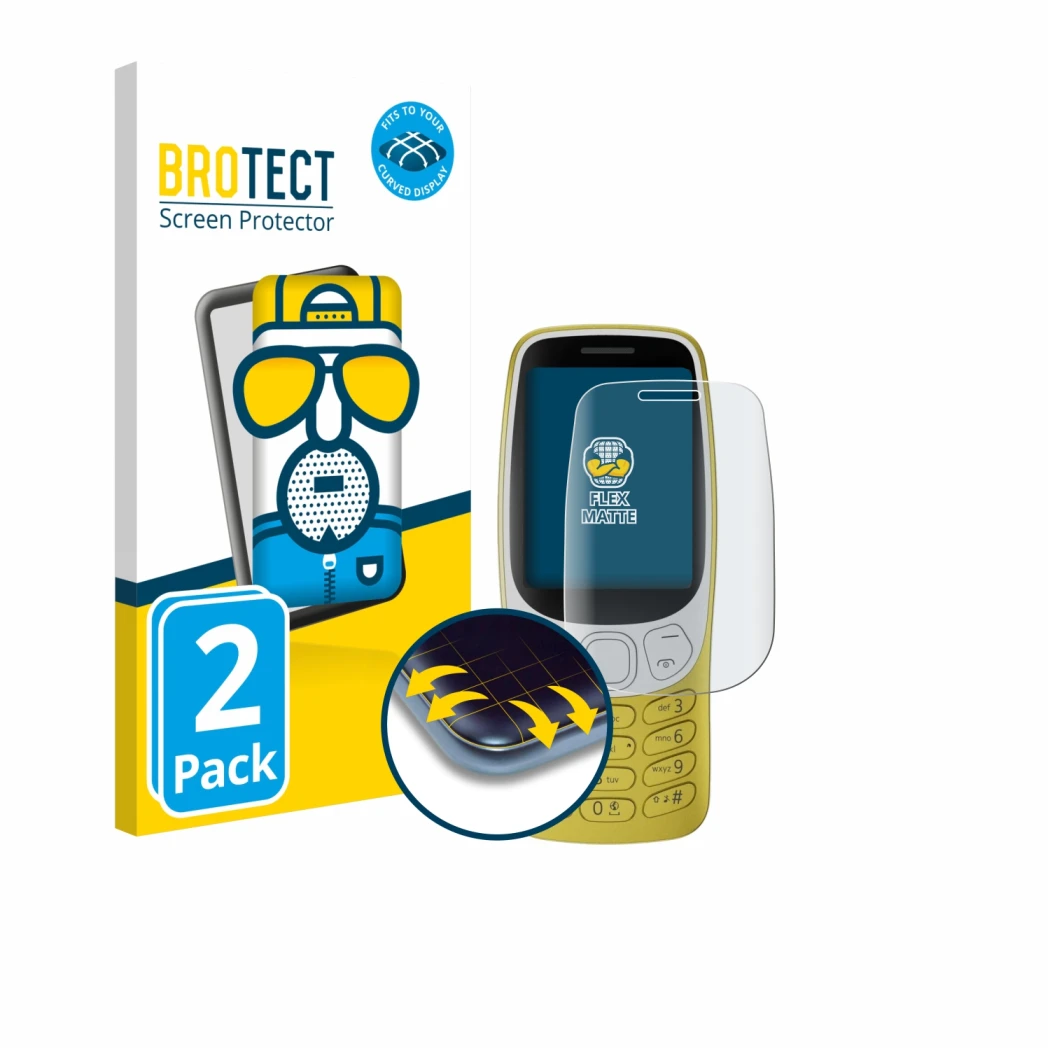 Face avant d’un emballage produit avec le logo de la marque BROTECT. À côté, l’appareil Nokia 3210 est représenté avec la prot