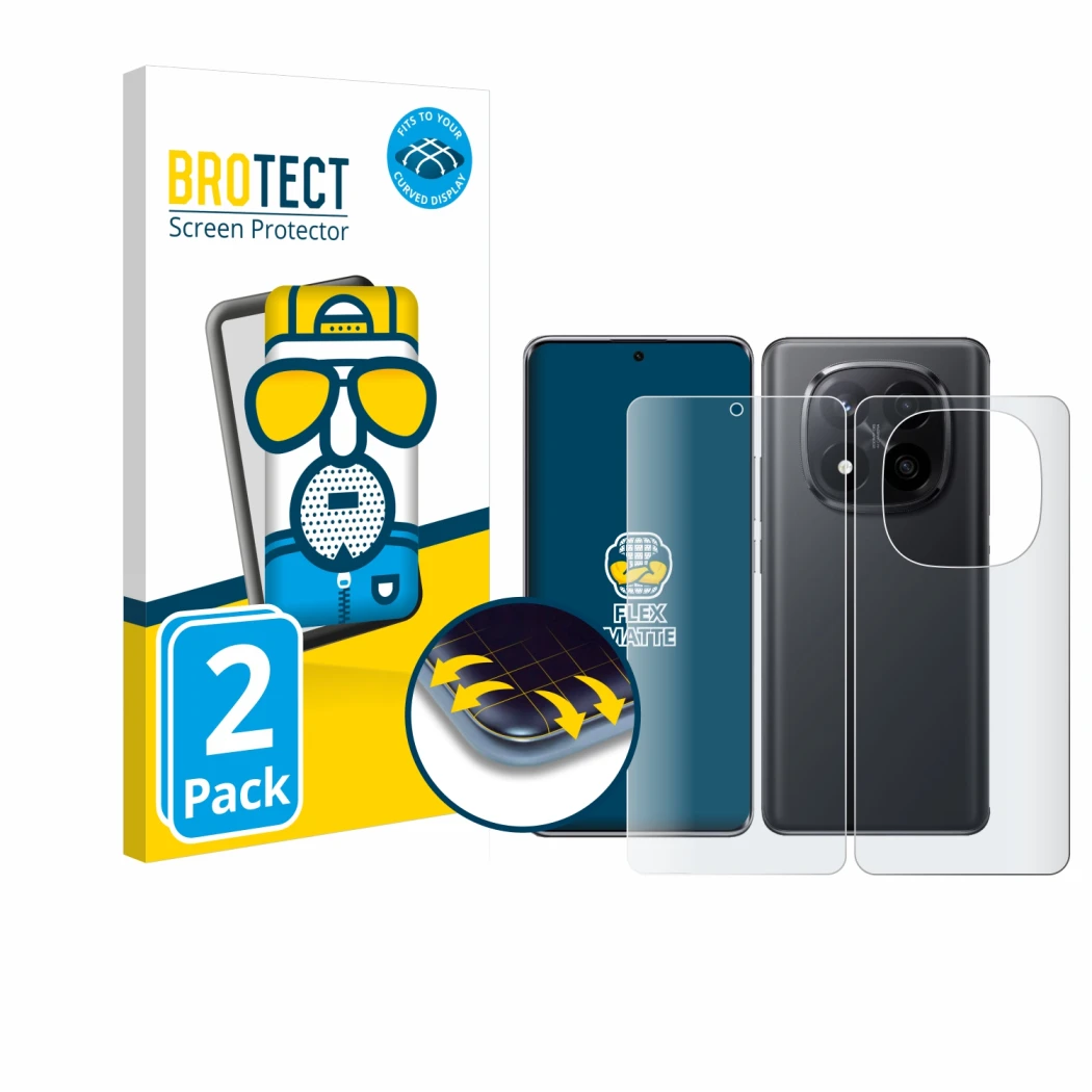 Face avant d’un emballage produit avec le logo de la marque BROTECT. À côté, l’appareil Xiaomi Redmi Note 14 Pro Plus (Avant+A