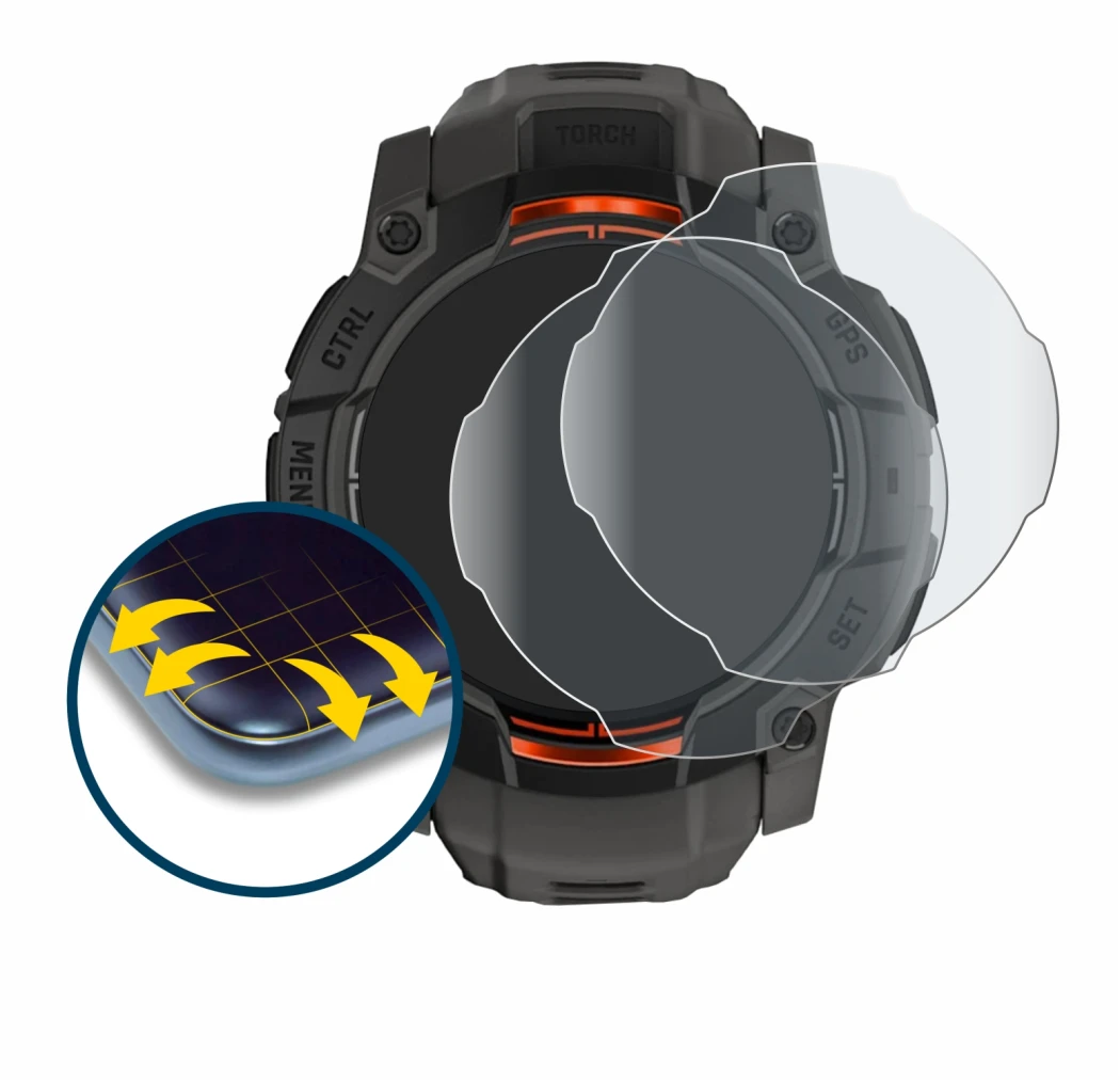Image de l'appareil Garmin Instinct 3 Solar (50 mm) avec une grande variété de protections d'écran.