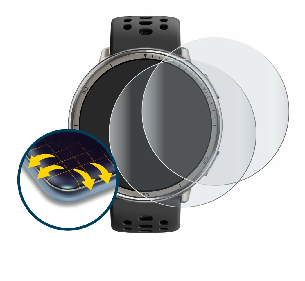 Image de l'appareil Amazfit Active 2 avec une grande variété de protections d'écran.