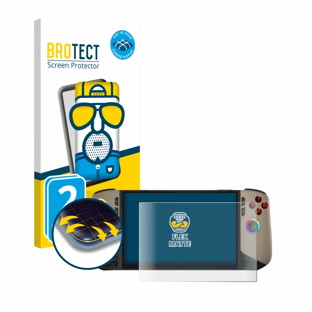 Face avant d’un emballage produit avec le logo de la marque BROTECT. À côté, l’appareil MSI Claw 8 AI+ est représenté avec la
