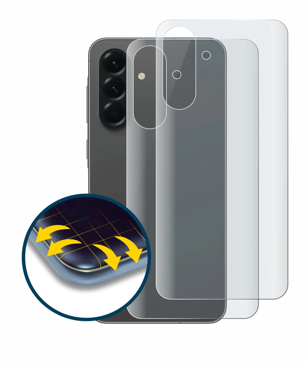 Image de l'appareil Samsung Galaxy A56 5G (Arrière) avec une grande variété de protections d'écran.