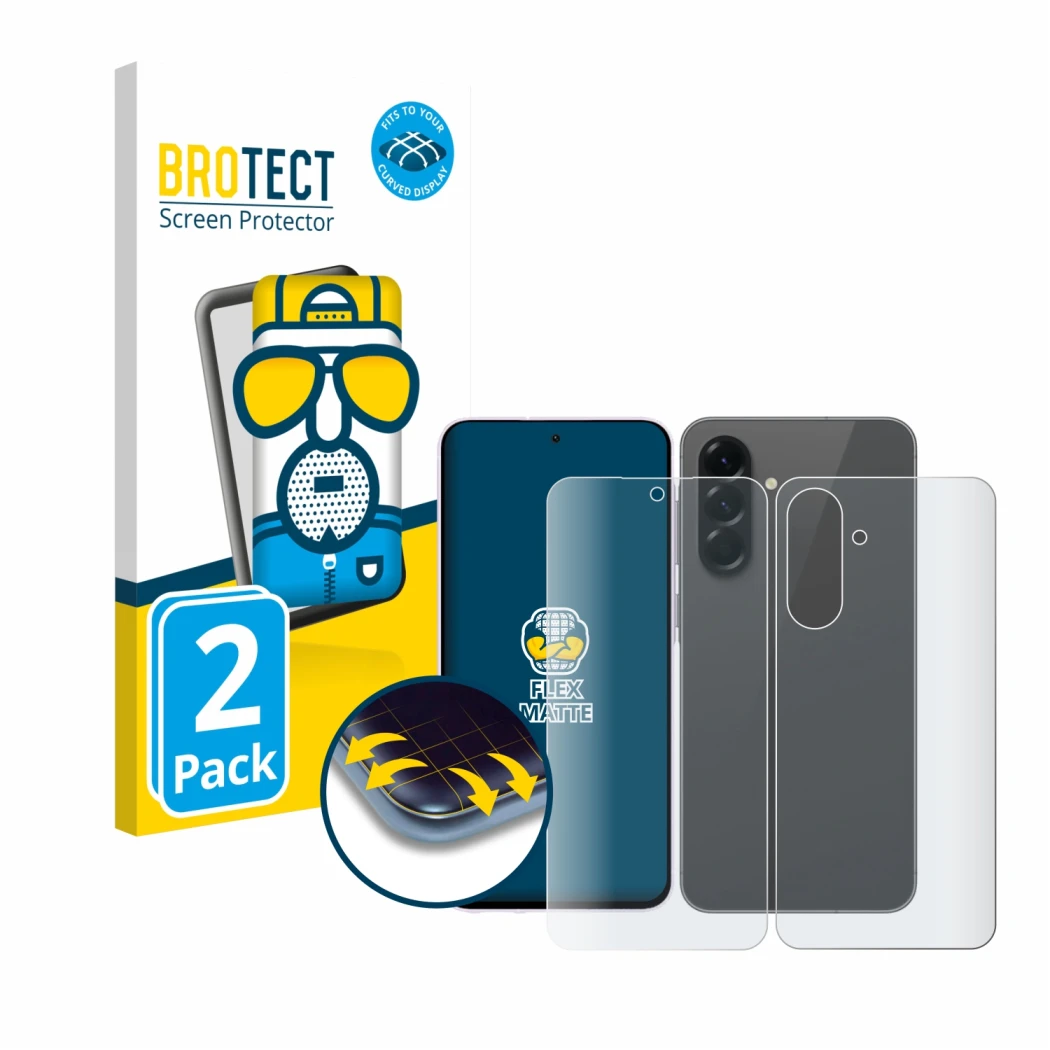 Face avant d’un emballage produit avec le logo de la marque BROTECT. À côté, l’appareil Samsung Galaxy A56 5G (Avant+Arrière) 