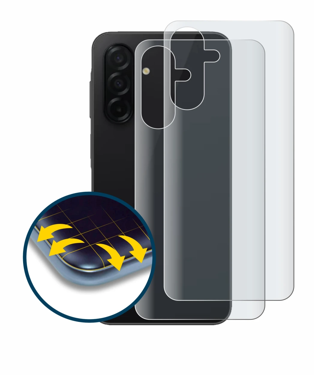 Image de l'appareil Samsung Galaxy A26 5G (Arrière) avec une grande variété de protections d'écran.