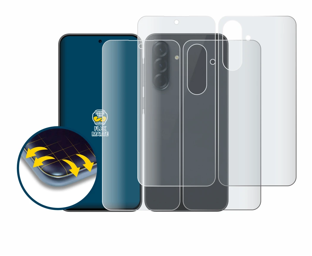 Image de l'appareil Samsung Galaxy A36 5G (Avant+Arrière) avec une grande variété de protections d'écran.