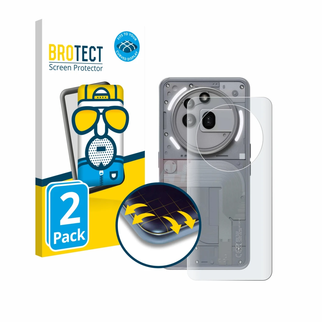 Face avant d’un emballage produit avec le logo de la marque BROTECT. À côté, l’appareil Nothing Phone (3a) Pro (Arrière) est r