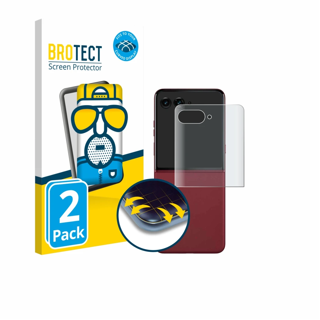 Face avant d’un emballage produit avec le logo de la marque BROTECT. À côté, l’appareil Motorola Razr 60 Ultra (Affichage arri