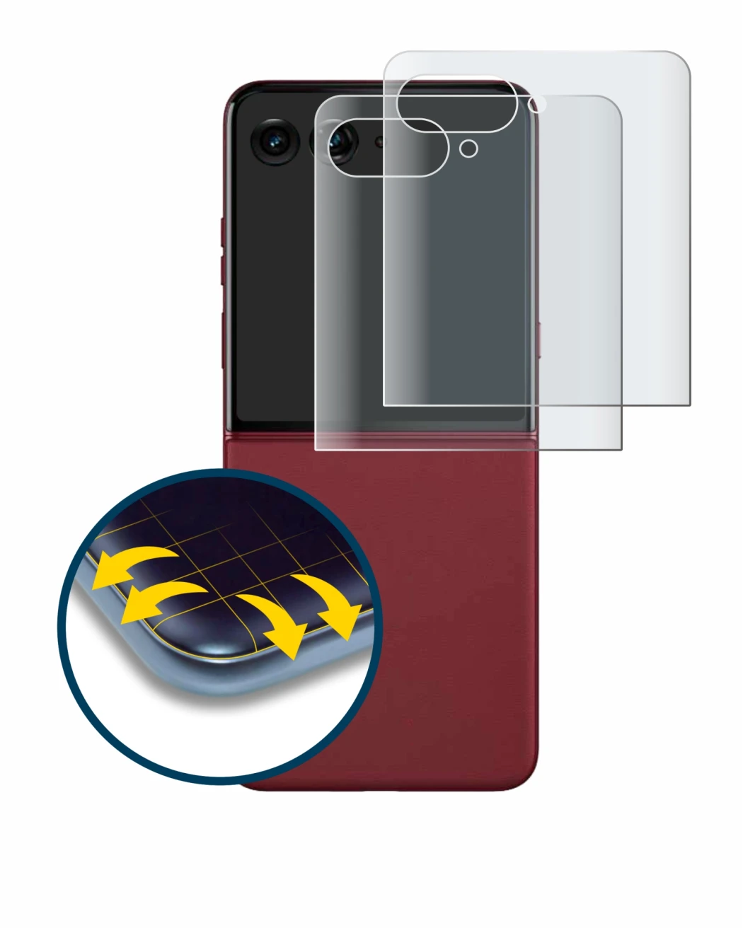 Image de l'appareil Motorola Razr 60 Ultra (Affichage arrière) avec une grande variété de protections d'écran.