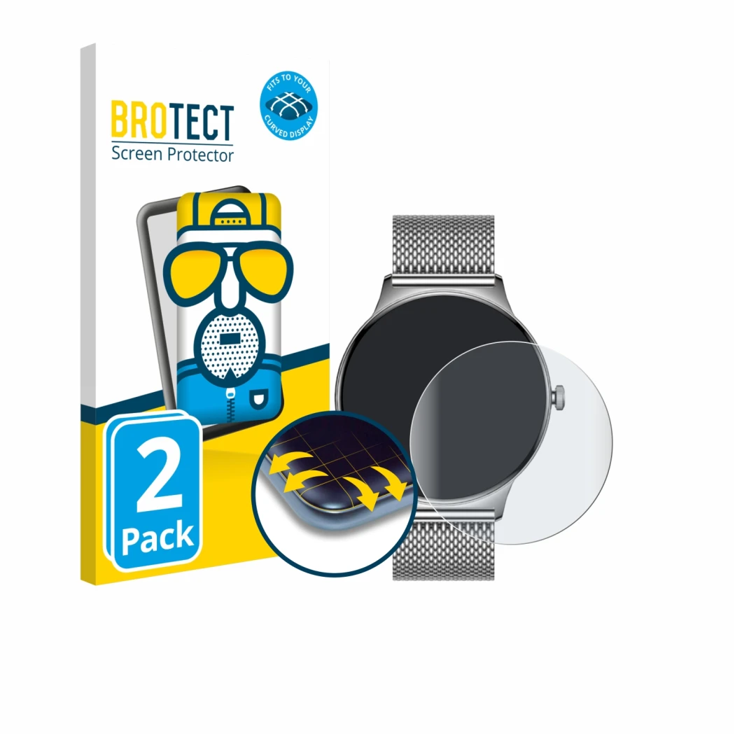 Face avant d’un emballage produit avec le logo de la marque BROTECT. À côté, l’appareil Pireware Slim Smartwatch est représent