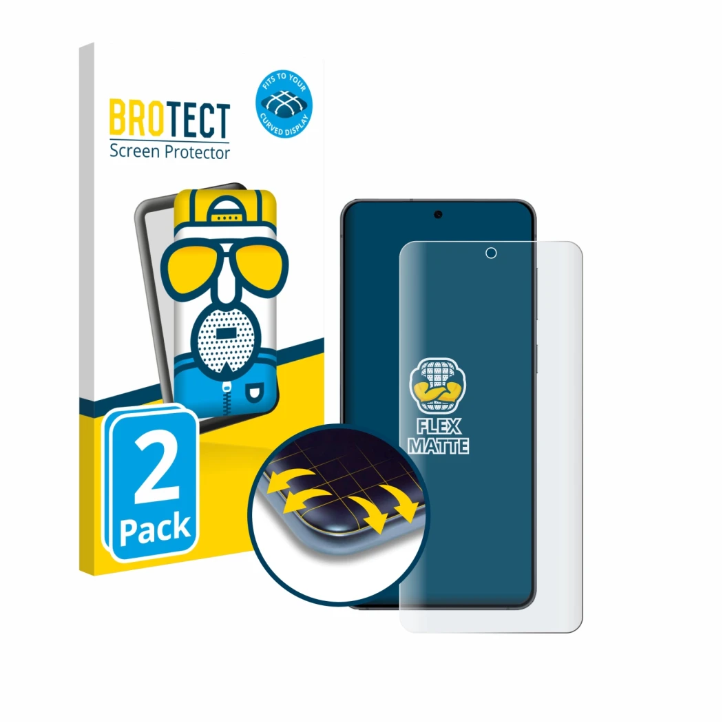 Face avant d’un emballage produit avec le logo de la marque BROTECT. À côté, l’appareil Samsung Galaxy S25 Edge est représenté