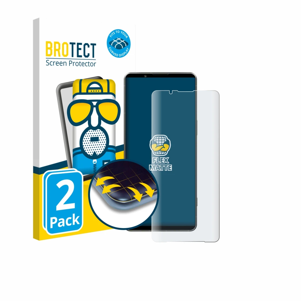 Face avant d’un emballage produit avec le logo de la marque BROTECT. À côté, l’appareil Sony Xperia 1 VII est représenté avec 