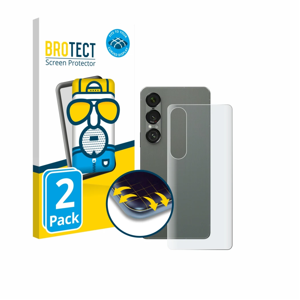 Face avant d’un emballage produit avec le logo de la marque BROTECT. À côté, l’appareil Sony Xperia 1 VII (Arrière) est représ