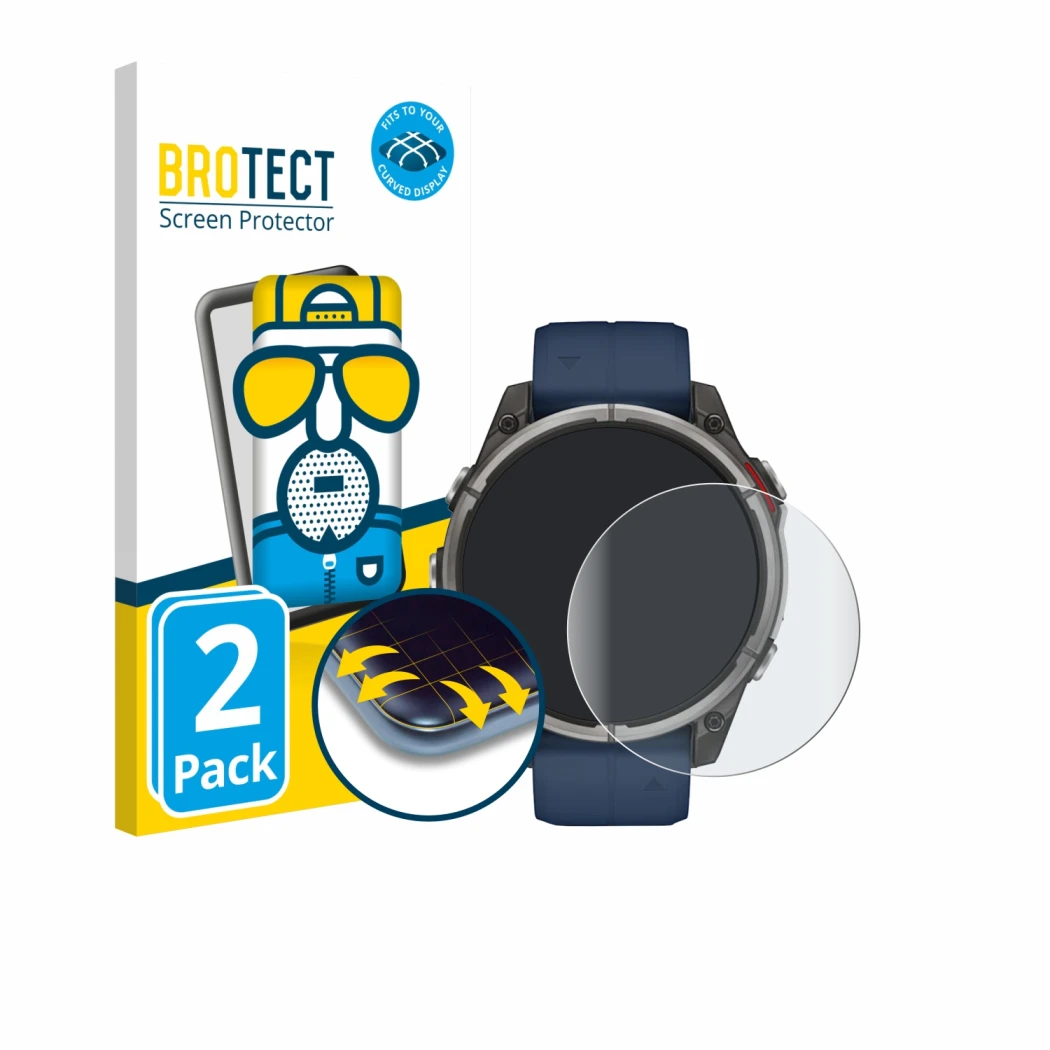 Face avant d’un emballage produit avec le logo de la marque BROTECT. À côté, l’appareil Garmin quatix 8 (47 mm) est représenté