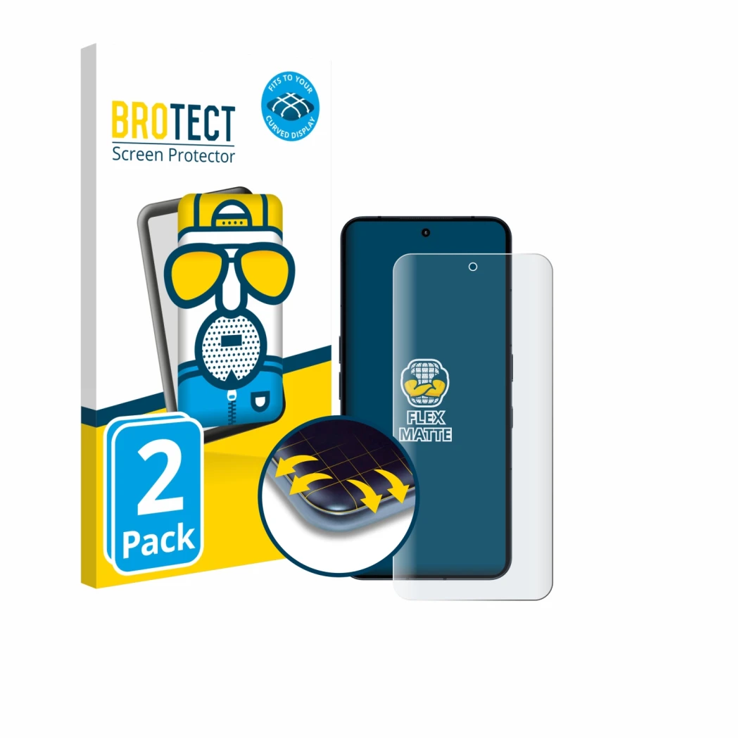 Face avant d’un emballage produit avec le logo de la marque BROTECT. À côté, l’appareil Nothing Phone (3) est représenté avec 