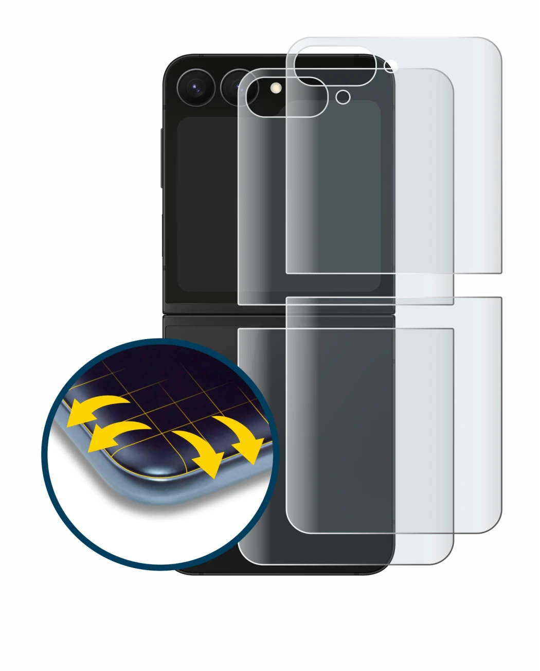 Image de l'appareil Samsung Galaxy Z Flip 7 FE (Arrière) avec une grande variété de protections d'écran.