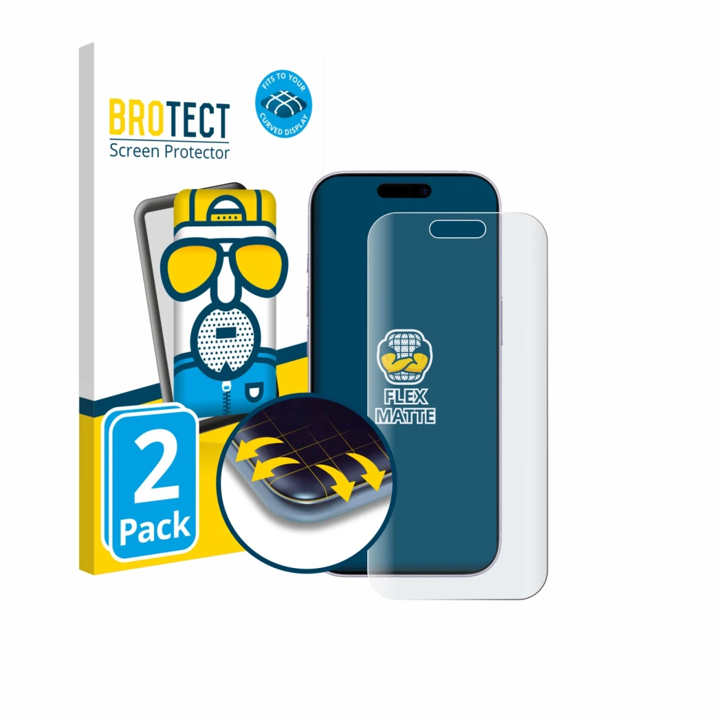 Face avant d’un emballage produit avec le logo de la marque BROTECT. À côté, l’appareil Apple iPhone 17 est représenté avec la