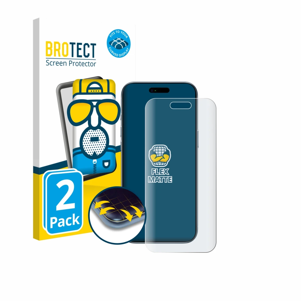 Face avant d’un emballage produit avec le logo de la marque BROTECT. À côté, l’appareil Apple iPhone Air est représenté avec l