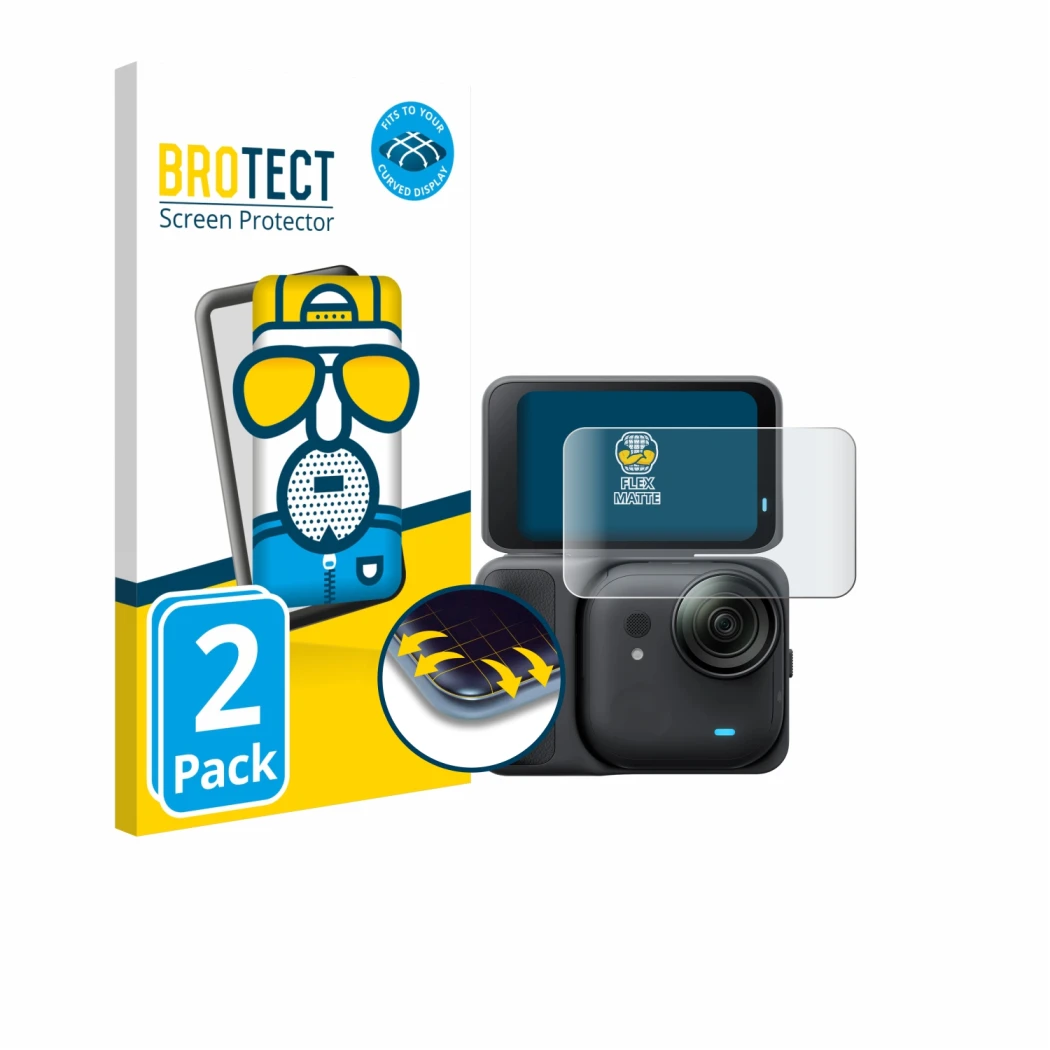 Face avant d’un emballage produit avec le logo de la marque BROTECT. À côté, l’appareil Insta360 Go Ultra est représenté avec