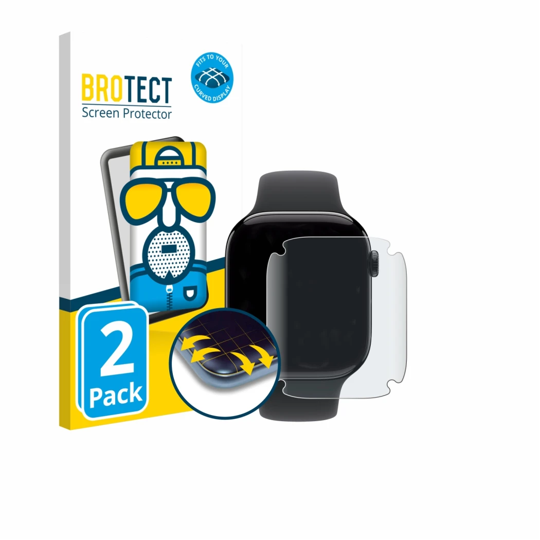 Face avant d’un emballage produit avec le logo de la marque BROTECT. À côté, l’appareil Apple Watch Series 11 (46 mm) est repr