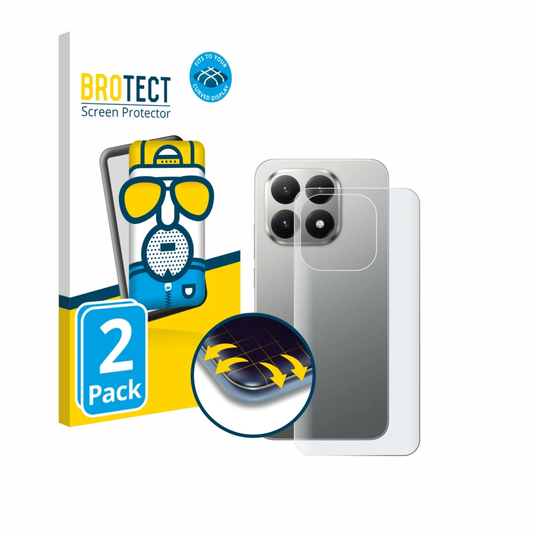 Face avant d’un emballage produit avec le logo de la marque BROTECT. À côté, l’appareil Xiaomi 15T (Arrière) est représenté av