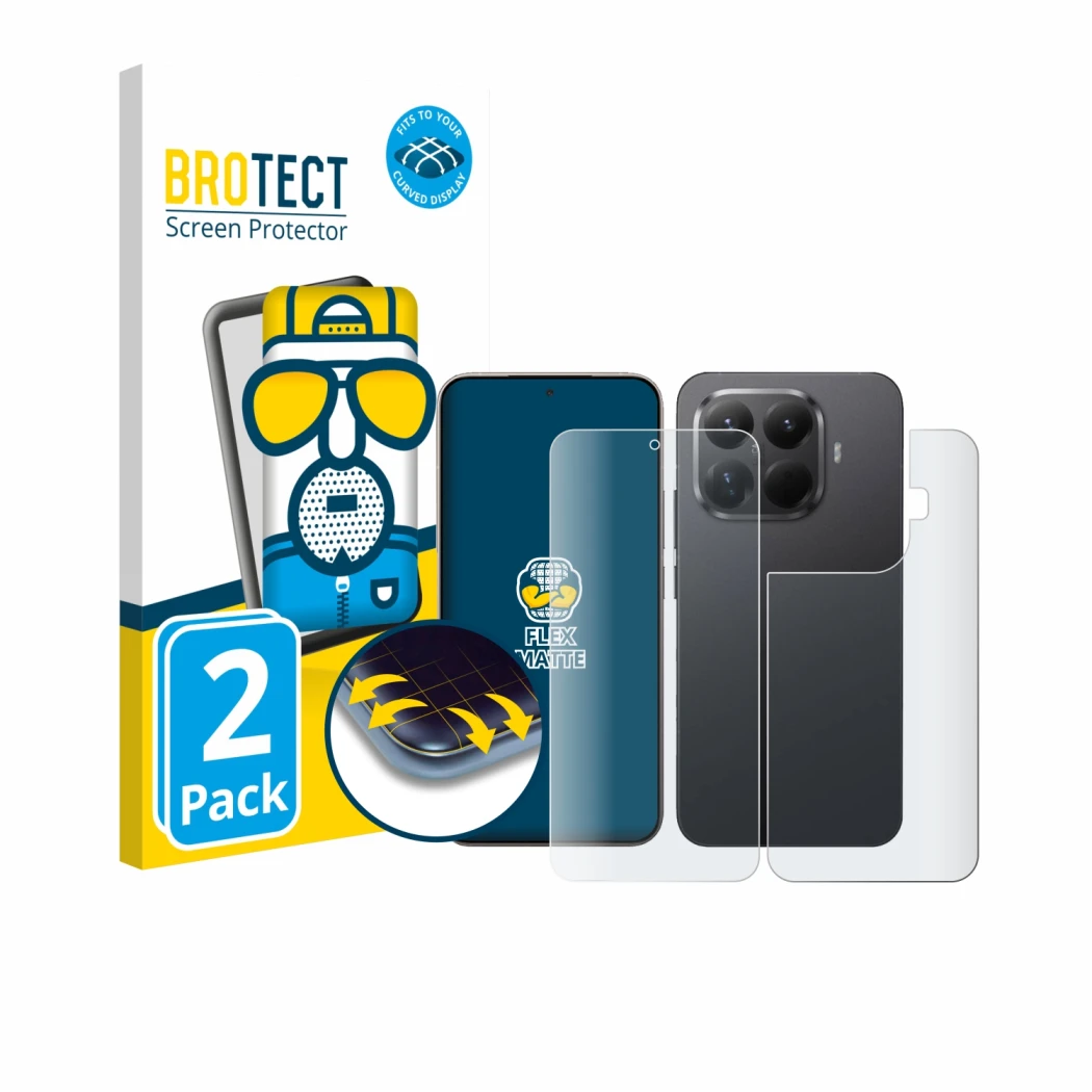 Face avant d’un emballage produit avec le logo de la marque BROTECT. À côté, l’appareil Xiaomi 15T Pro (Avant+Arrière) est rep