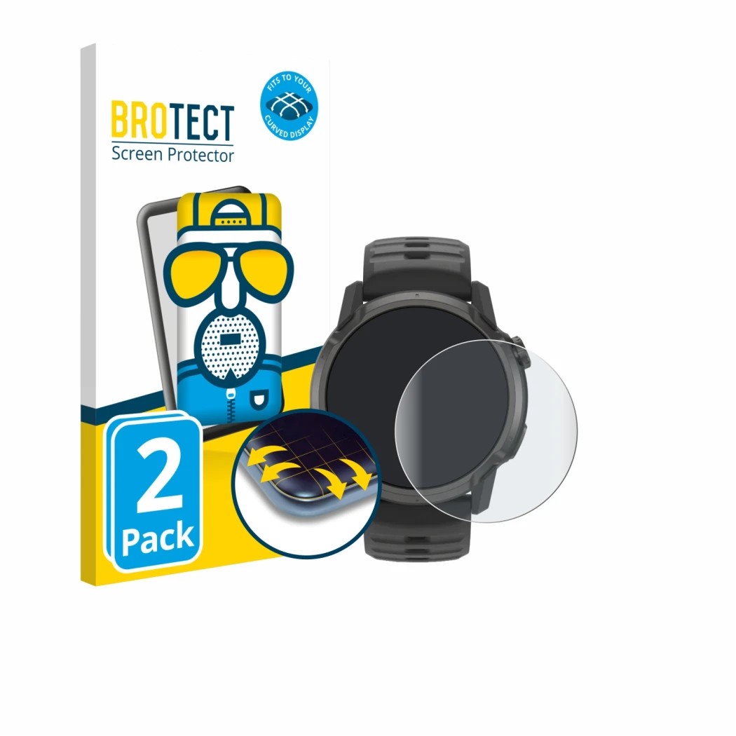 Face avant d’un emballage produit avec le logo de la marque BROTECT. À côté, l’appareil Coros Apex 4 (42 mm) est représenté av