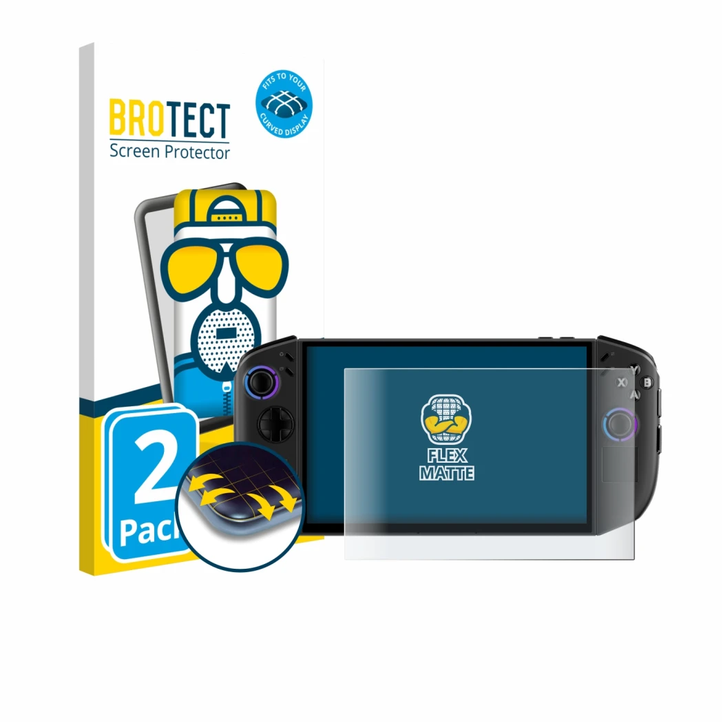 Face avant d’un emballage produit avec le logo de la marque BROTECT. À côté, l’appareil Lenovo Legion Go Gen 2 est représenté 