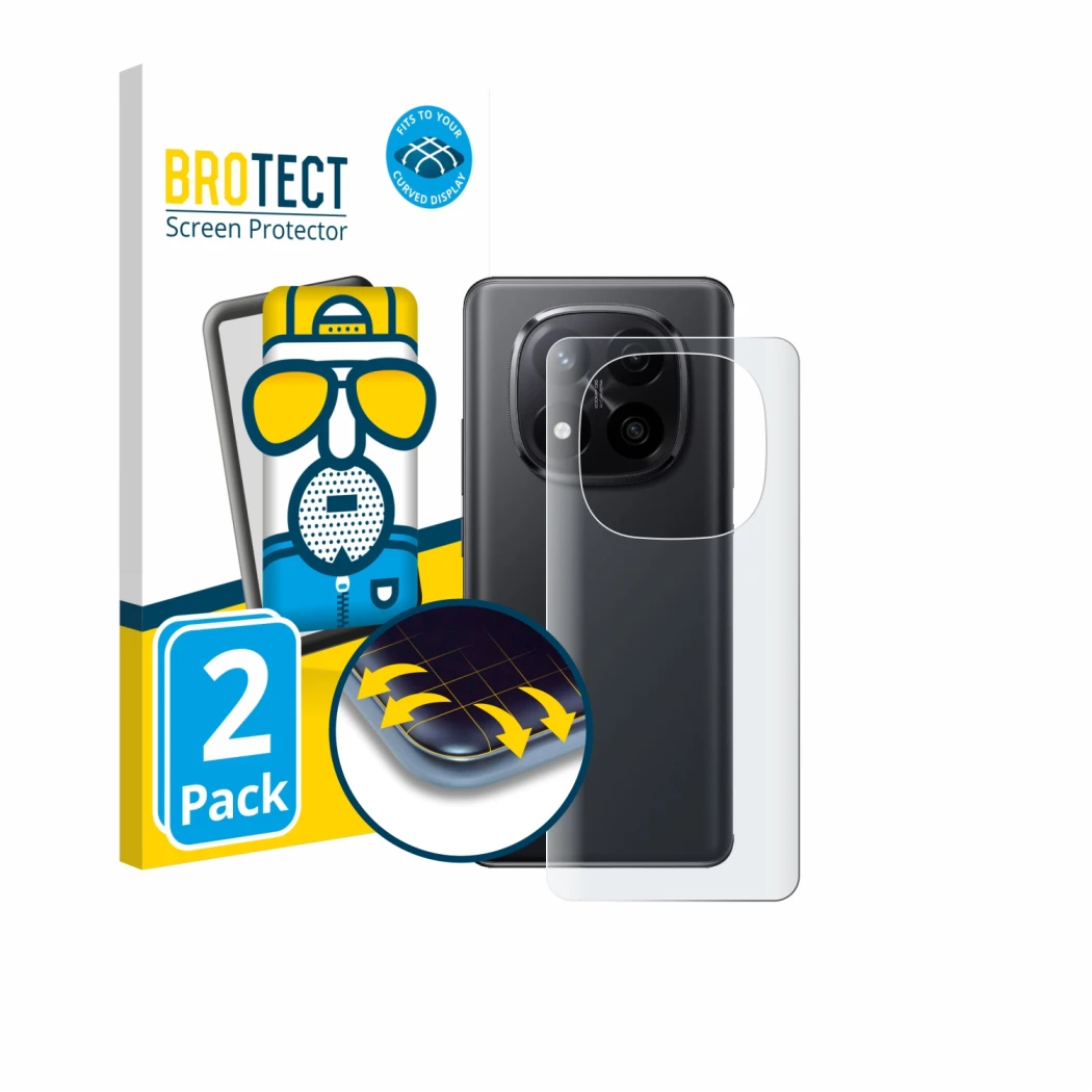 Face avant d’un emballage produit avec le logo de la marque BROTECT. À côté, l’appareil Xiaomi Redmi Note 14 Pro Plus 5G (Arri
