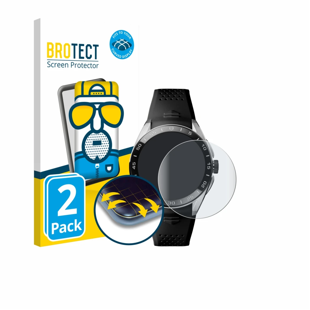 Face avant d’un emballage produit avec le logo de la marque BROTECT. À côté, l’appareil TAG Heuer Connected Calibre E5 (45 mm)