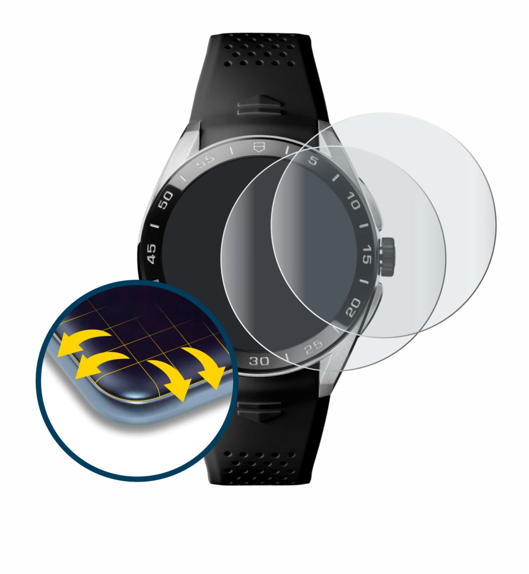 Image de l'appareil TAG Heuer Connected Calibre E5 (45 mm) avec une grande variété de protections d'écran.