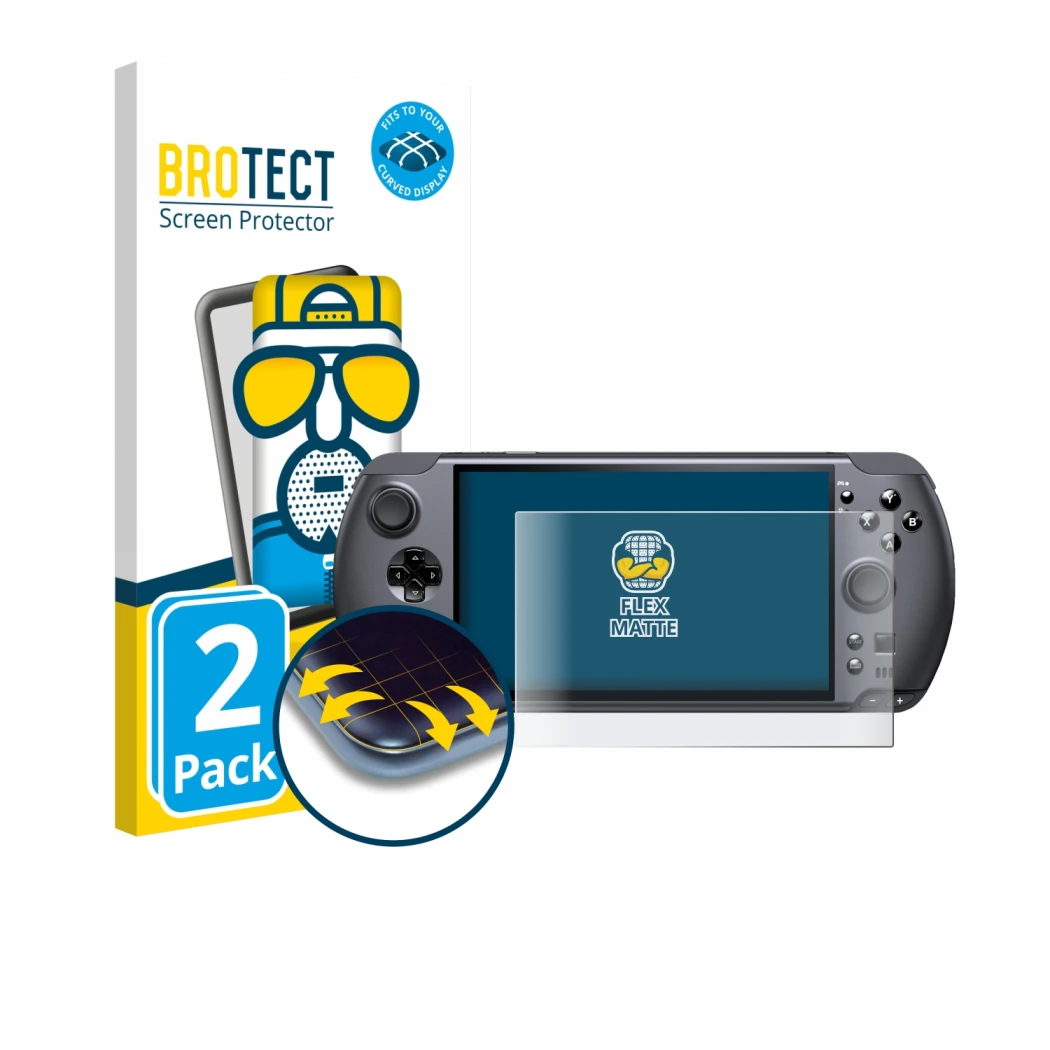 Face avant d’un emballage produit avec le logo de la marque BROTECT. À côté, l’appareil GPD Win 5 est représenté avec la prote