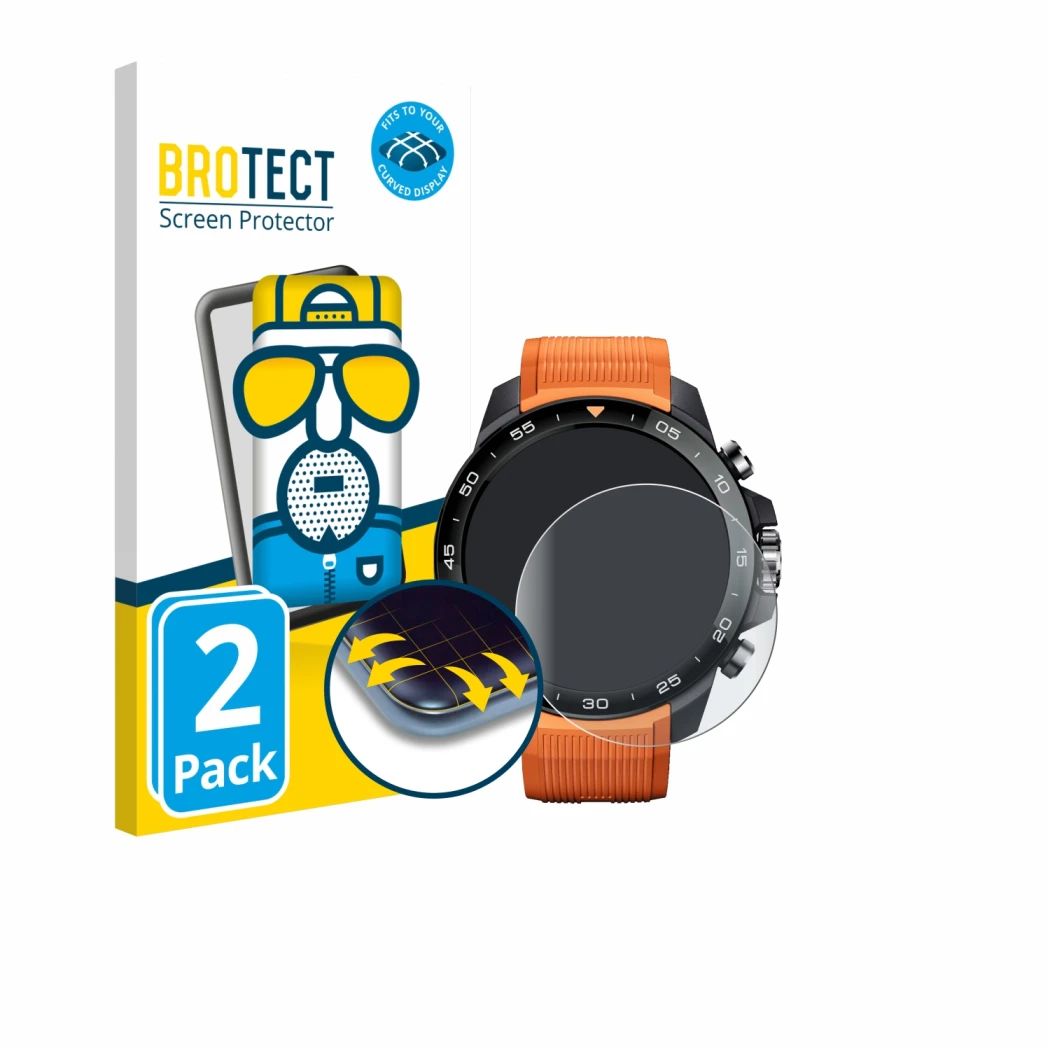 Face avant d’un emballage produit avec le logo de la marque BROTECT. À côté, l’appareil Xiaomi Mibro GS Explorer S est représe