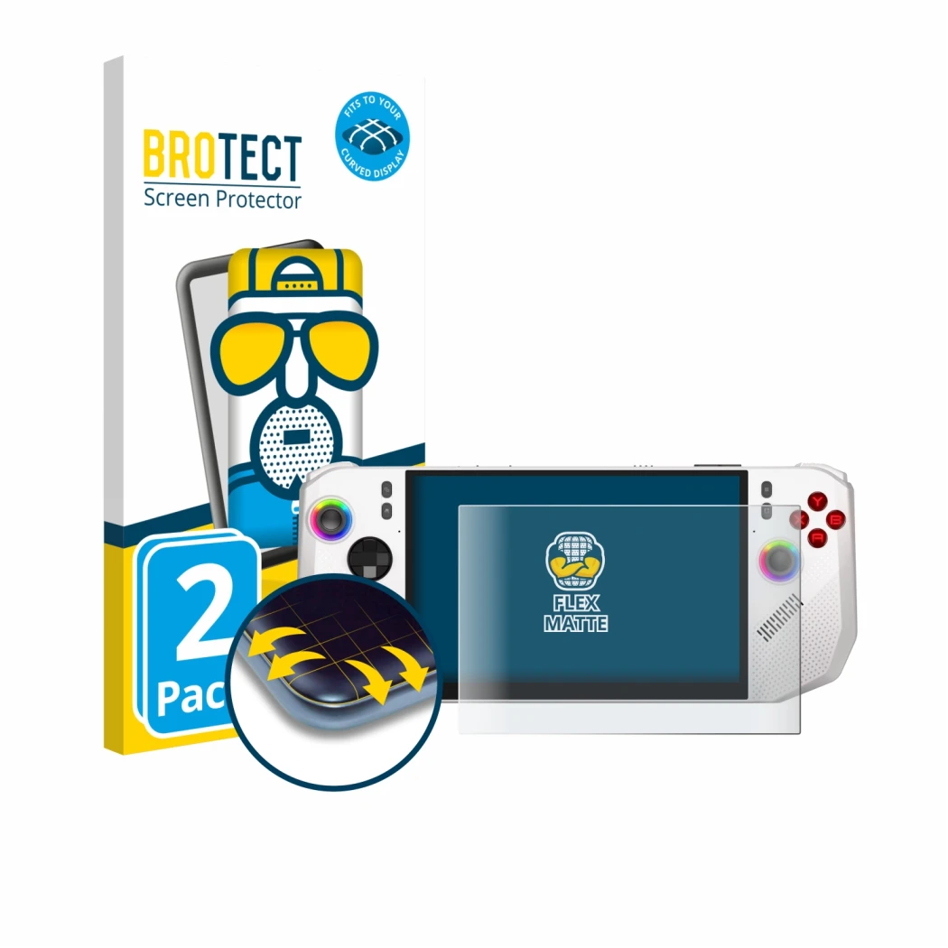 Face avant d’un emballage produit avec le logo de la marque BROTECT. À côté, l’appareil MSI Claw A8 BZ2EM est représenté avec 