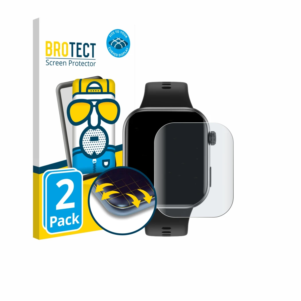 Face avant d’un emballage produit avec le logo de la marque BROTECT. À côté, l’appareil Honor Choice InFoWear Watch 2i est rep