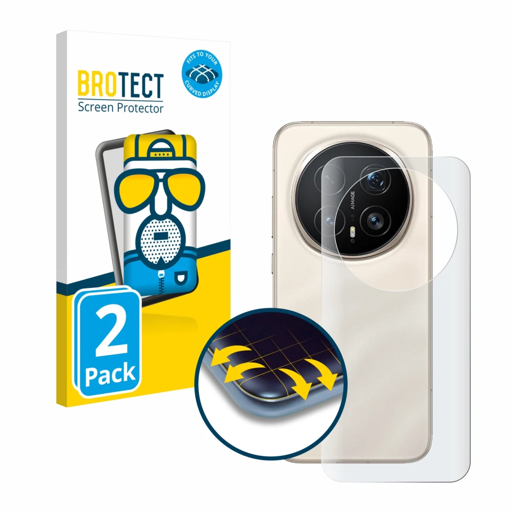 Face avant d’un emballage produit avec le logo de la marque BROTECT. À côté, l’appareil Honor Magic 8 Pro (Arrière) est représ