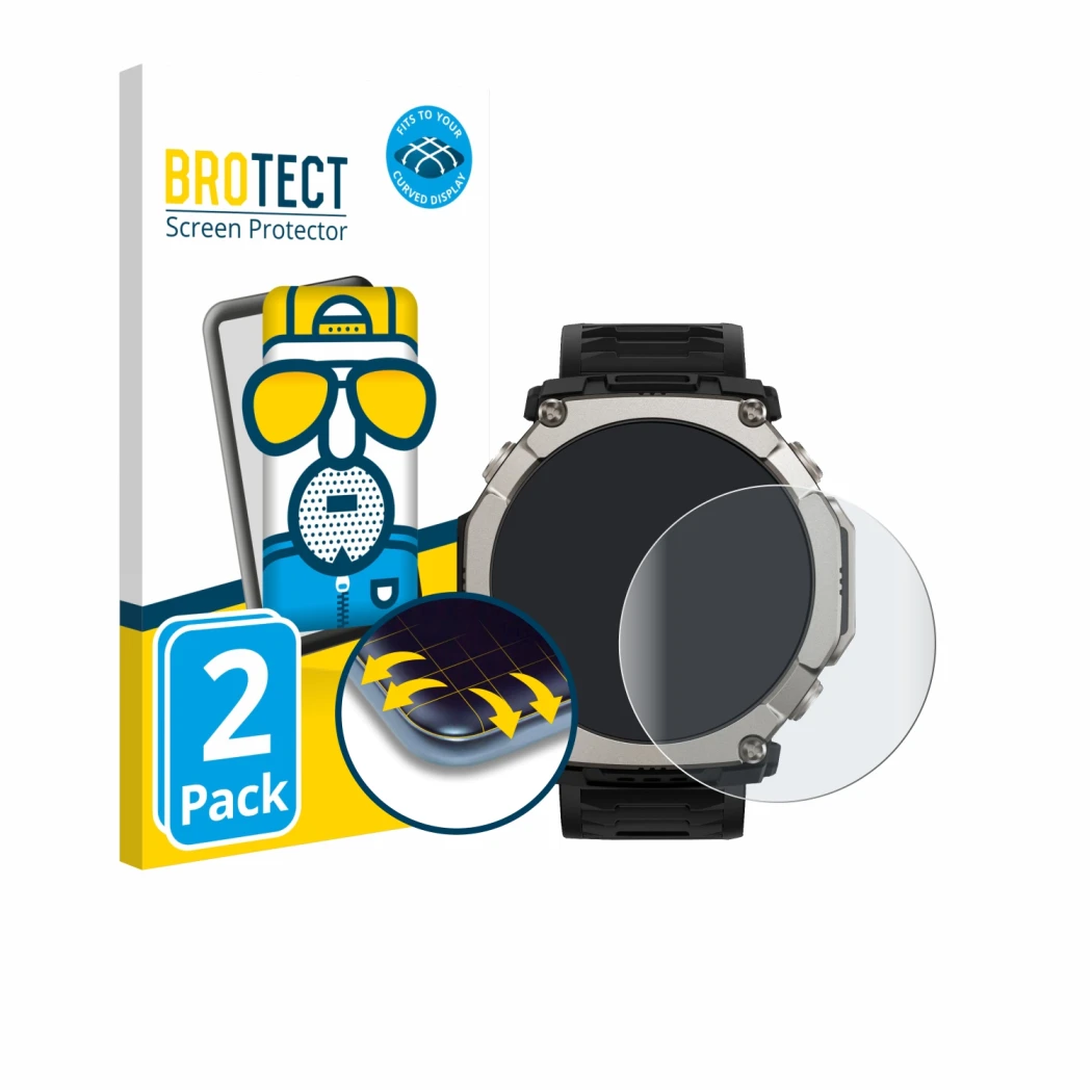 Face avant d’un emballage produit avec le logo de la marque BROTECT. À côté, l’appareil Huami Amazfit T-Rex Ultra 2 est représ