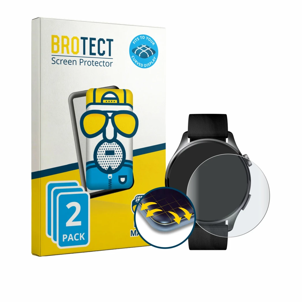 Face avant d’un emballage produit avec le logo de la marque BROTECT. À côté, l’appareil Xiaomi Watch 5 (47 mm) est représenté