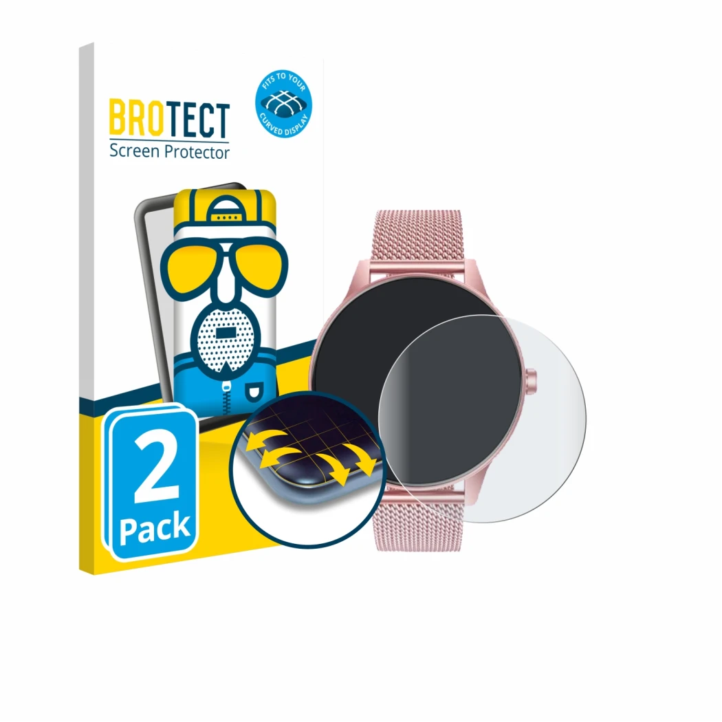 Face avant d’un emballage produit avec le logo de la marque BROTECT. À côté, l’appareil TAOLOON Smartwatch 1.27