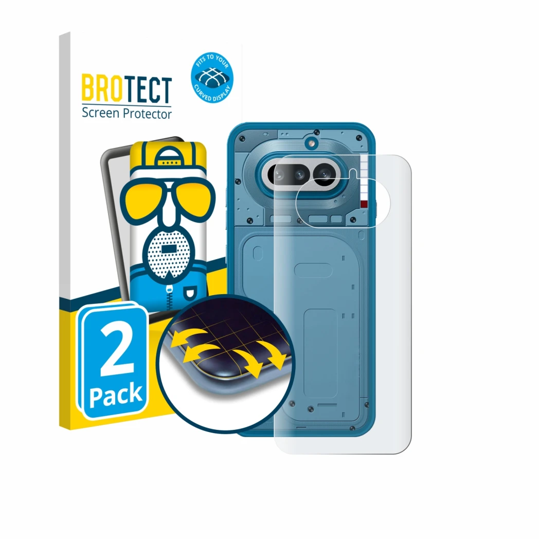 Face avant d’un emballage produit avec le logo de la marque BROTECT. À côté, l’appareil Nothing Phone (4a) (Arrière) est repré