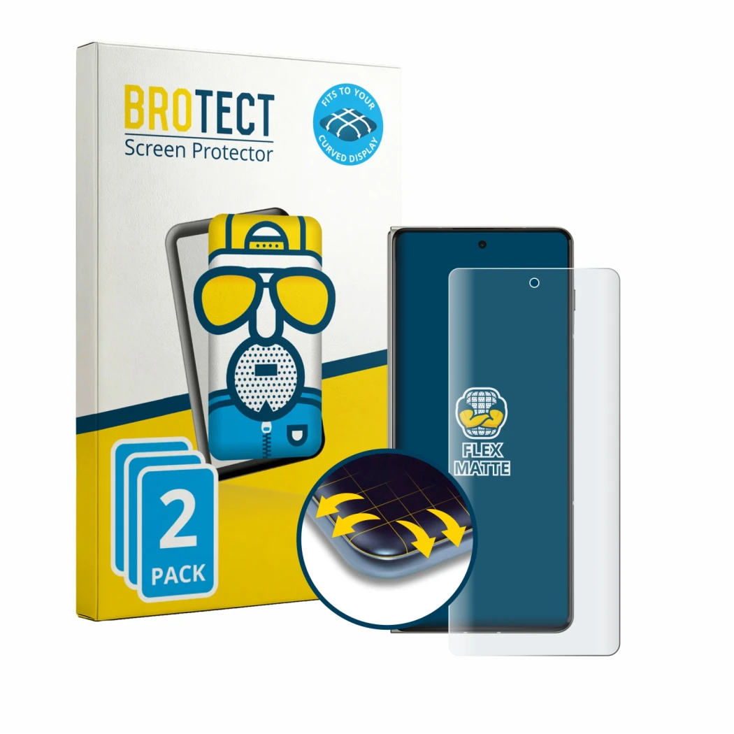 Face avant d’un emballage produit avec le logo de la marque BROTECT. À côté, l’appareil Motorola Razr Fold est représenté avec
