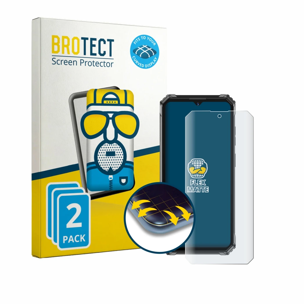 Face avant d’un emballage produit avec le logo de la marque BROTECT. À côté, l’appareil Oukitel G7 est représenté avec la prot